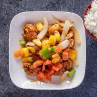 Sweet Fire Chicken · Bell pepper, onion, pineapple in a bright, and sweet chili sauce.