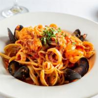 Spaghetti Diavola · Spaghetti with scallops, shrimp and baby clams in a spicy marinara.