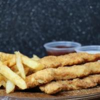 Chicken Strips And Fries · Homestyle breaded four piece Chicken strips with fries.