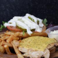 Grilled Chicken Sandwish · Served with lettuce, tomato, pickles, American cheese and mayo.