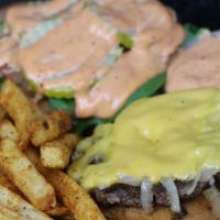 Got Burger · Served with American Cheese, lettuce, tomato, pickles, grilled onions, and spicy Chipotle ma...