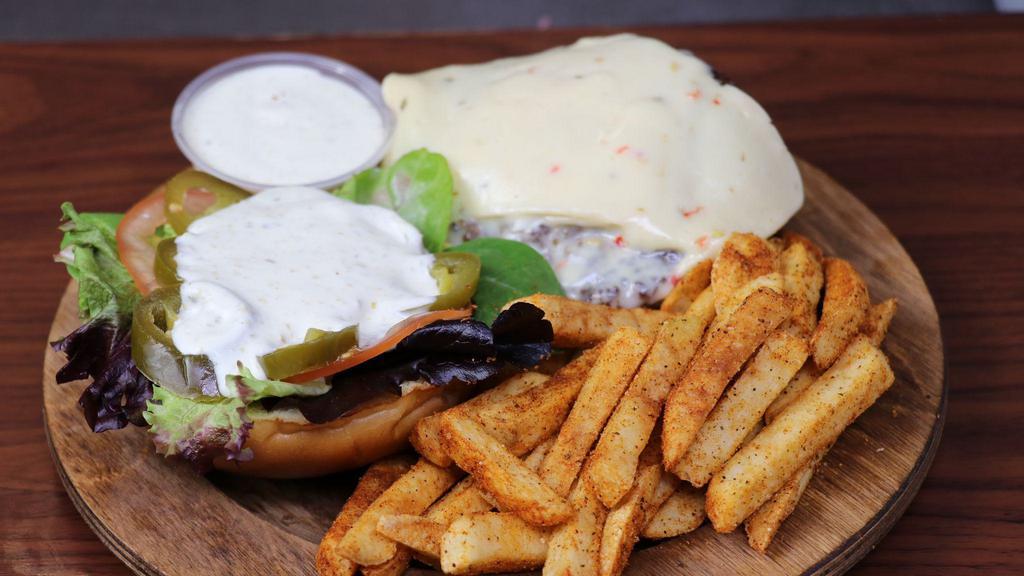 Firehouse Burger · Served with Pepper Jack Cheese, lettuce, tomatoes, jalapeno, and jalapeno ranch.