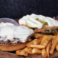 Mushroom Burger · Served with Swiss Cheese, lettuce, tomato, pickles, grilled onions, and cucumber wasabi.