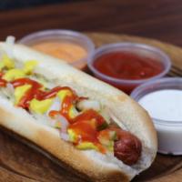 All American Dog · Served with relish, onion, mustard, and ketchup.
