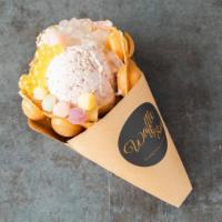 Boba Waffle · Strawberry ice cream, mochi, mango popping pearls and lychee jelly.