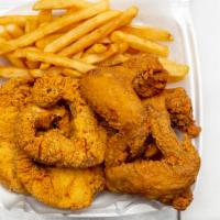Fish And Chicken Combo Dinner · Your choice of 2 items. Served with fries, 2 slices of bread and 2 oz. cup of coleslaw.
