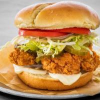 Deluxe Chicken Sandwich · Tenders, lettuce, tomato, red onion, pickles, mayo.