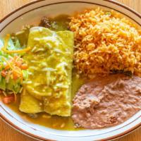 Swiss Enchilada Dinner · Two enchiladas with chicken, beef, or cheese. Topped with our special homemade tomatillo (gr...