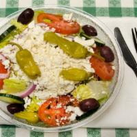 Greek Salad · Tomato, Onion, Cucumber, Feta, Black Olive and Pepperoncini
