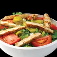 Grilled Chicken Salad · Lettuce, tomatoes, onions, pepperoncini peppers and grilled chicken.