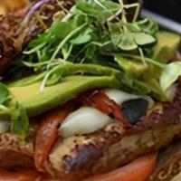Turkey  Burger · Cranberry walnut bread, Brie, avocado, roasted red  peppers, heirloom tomato, micro greens. ...