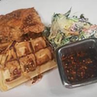 Chicken & Waffles · Belgian waffle, southern fried chicken breast, spicy maple syrup, side of kale crunch cilant...