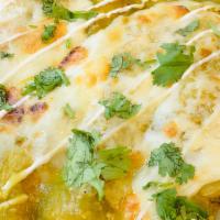 Chicken Enchiladas · 3 chicken enchiladas topped with cheese and green salsa. Served with rice, beans, pico de ga...