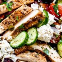 Deluxe Greek Platter Salad · Romaine, tomato, olives, hummus, grilled chicken, cucumber, Parmesan, feta, pita.  As a Wrap...