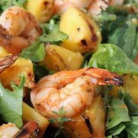 Hawaiian Salad · Romaine, grilled shrimp, grilled pineapple, pico de gallo, plantains, avocado, pita.  As a W...
