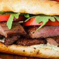 Grilled Steak Sandwich · Cheese, mayo, mustard, lettuce, tomato, and pickle