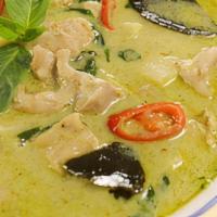 Green Curry · Chicken simmered in coconut milk accompanied by green curry paste, bamboo shoots, onions,bel...