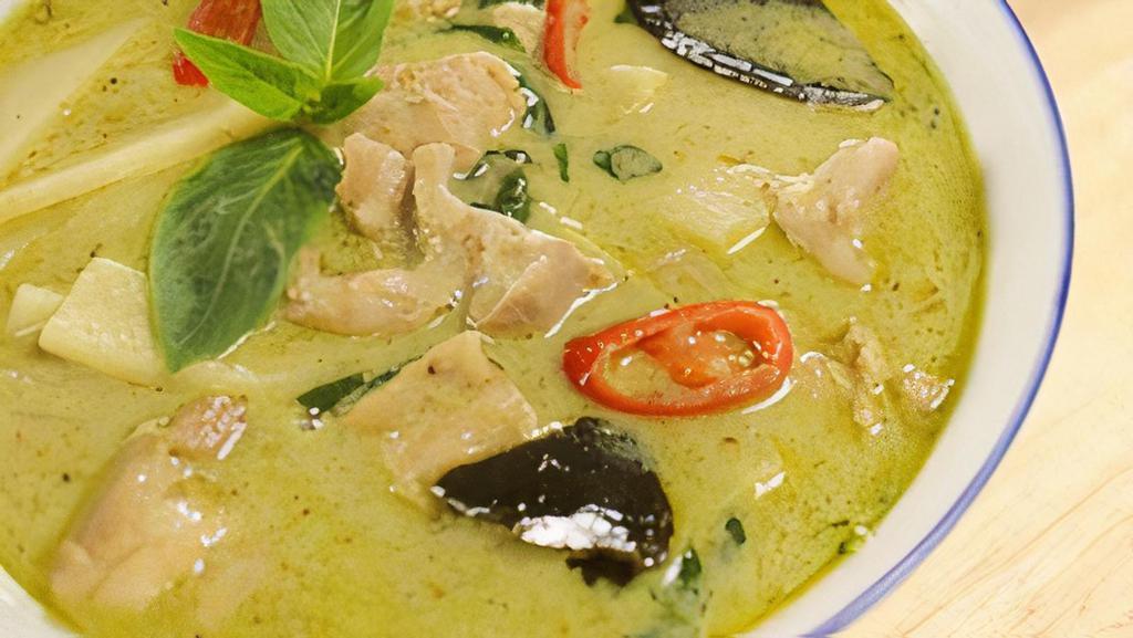 Green Curry · Chicken simmered in coconut milk accompanied by green curry paste, bamboo shoots, onions,bell,Celery snow pea and broccoli.Served with steamed rice or fried rice for an additional charge.
