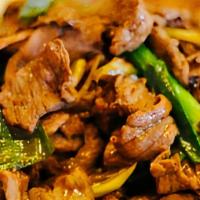 Mongolian · Beef , snow pea,mushroom,tomatoes,water chestnuts,bamboo shoots,onions, stir fried Mongolia ...