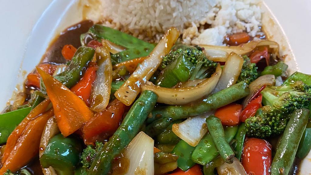 Stir-Fry Vegetable · Onions,snow pea,carrot,broccoli,in sweet oyster sauce, served with steamed rice.