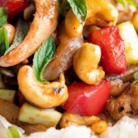 Thai Cashew Nut · Thai style, your choice of meat and bell,onion,carrots 
Celery ,snow pea,chili,cashew nut st...