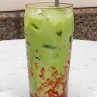 Strawberry Matcha Latte- Iced · Matcha latte with strawberry puree served over ice