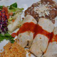 Chimichangas · Three soft flour tortillas stuffed with beans, and your choice of filling deep fried and top...