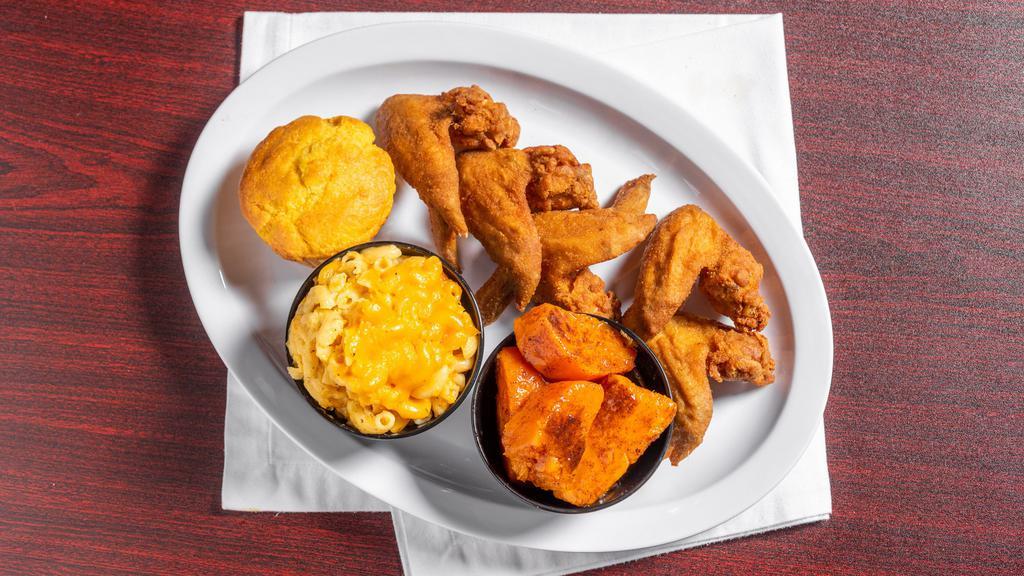 Fried Whole Wings (5Pc) · Our Deep Fried Wings are Cooked , Cleaned and Seasoned to Perfection Served with Two Small Sides and One Cornbread Muffin