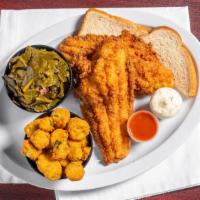 Fried Catfish (2Pc) · Our Fluffy Deep Fried Catfish Filets are Cooked and Seasoned To Perfection and are Served wi...