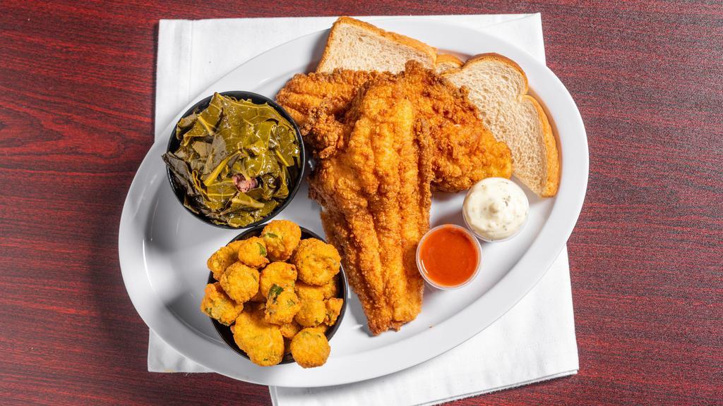 Fried Catfish (2Pc) · Our Fluffy Deep Fried Catfish Filets are Cooked and Seasoned To Perfection and are Served with Two slices of bread Two Small Sides and One Cornbread Muffin