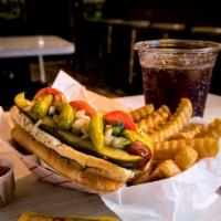 * Chicago Dog · We run this dog through the garden! That’s yellow mustard, a Chicago Pickle Company pickle s...