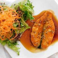 Teriyaki Salmon Entree · Marinated and grilled. Flavored with Japanese-style teriyaki sauce, topped with sesame seeds...