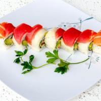 Rainbow (8 Pc) · California roll topped with tuna, salmon and white fish.