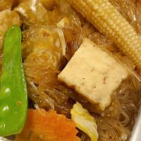 Pad Woon Sen · Glass noodles with egg, pea pods, onions, Napa cabbage, carrots, baby corn, bell peppers and...