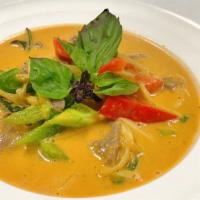 Red Curry · Spicy. Hot curry with coconut milk, bamboo shoots, chili and basil leaves. Spicy.