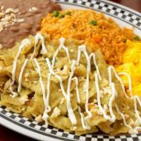 Chilaquiles  Rojos Or Verdes · 2) Eggs, Tortilla Chips, Home-Made Fire Roasted Salsa, Rice & Beans Topped with Cheese.