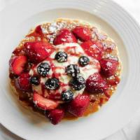 Lemon Berry Capone Pancakes (3) · Fresh Strawberries, Fresh Blueberries,  Lemon Mascarpone Cheese & Raspberry Sauce.
