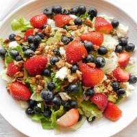 Strawberry Fields Salad · Romaine Lettuce Mix, Fresh Strawberries, Blueberries, Candied Pecans, Goat cheese & Balsamic...