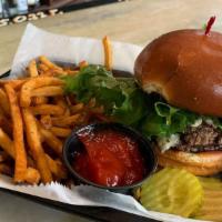 Blue Line Burger · Double patty, blackened with Blue cheese crumbles, with lettuce, tomato, and onion. Served w...