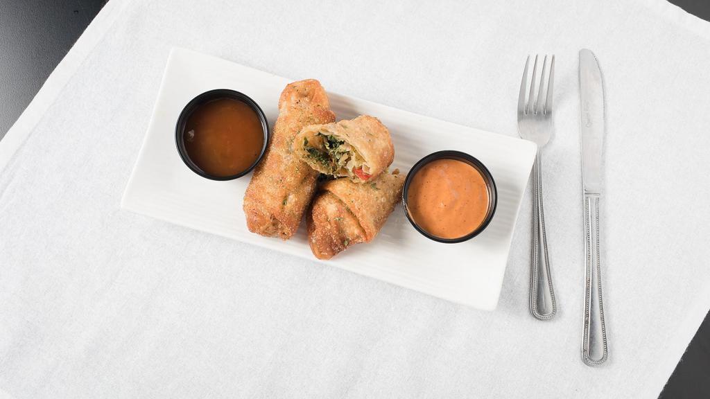 Homemade Egg Rolls · Homemade egg rolls with any protein of your choice, seasoned rice, American cheese served with a house sweet and sour sauce.