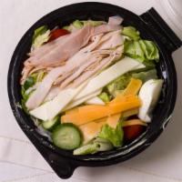 Chef Salad · Lettuce mix, ham, turkey, swiss and cheddar cheese, hard boiled eggs, tomato and cucumbers.