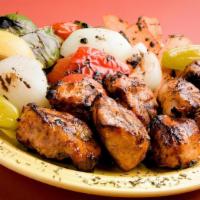 Full Chicken Kabob · Tender marinated chicken breast chunks charbroiled on skewers.