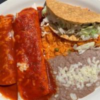 2 Enchiladas, 1 Taco, Rice And Beans · 