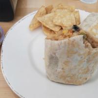 Burrito Veggie And Egg · Mushroom, grilled onions, bell pepper, rice, and beans (chips and salsa on the side).