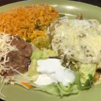 3 Enchiladas Dinner · 3 rolled up and filled tortillas (with choice filling) topped with choice melted cheese and ...