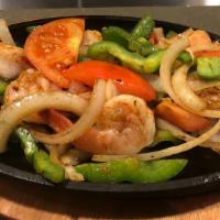 Shrimp Fajitas · Grilled shrimp, green pepper, onion, and tomato. Served with rice, beans, and tortillas.