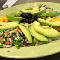 Avocado Salad · Avocado, lettuce, tomato, black beans, pico de gallo, corn, jalapeño ranch.