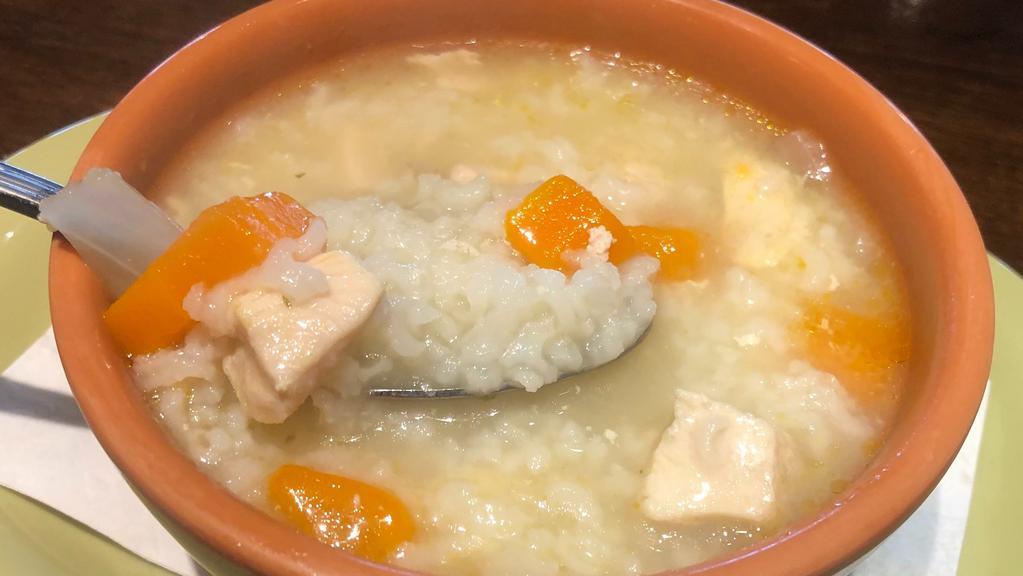 Chicken Rice Soup · Chicken broth, chicken breast, carrots, rice.