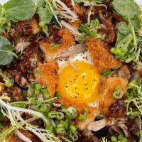 Duck Hash · Roasted duck, egg croquette, mixed greens, garlic vinaigrette, tonkatsu sauce.
