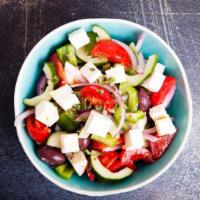 Greek Salad · Gratifying salad full of farm fresh tomatoes, cucumbers, green peppers, parsley, lettuce, bl...